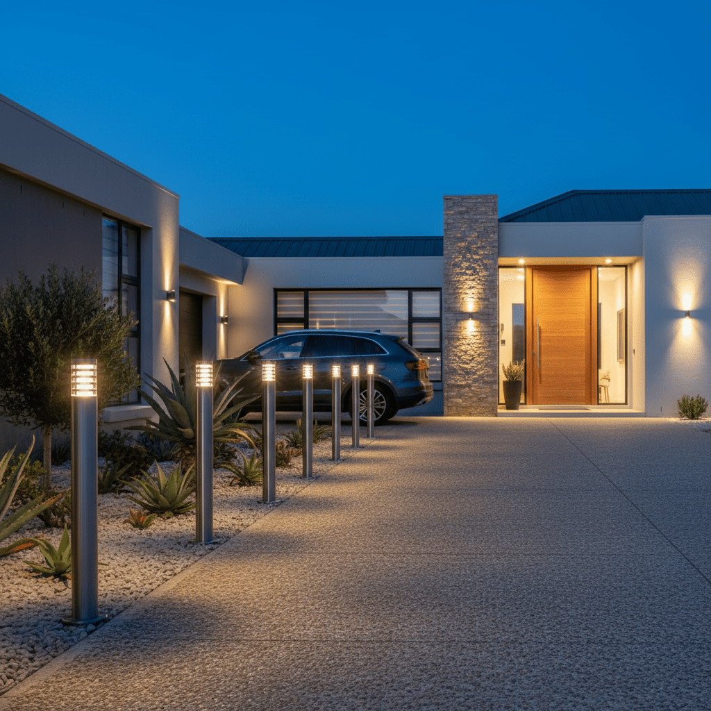 Stainless steel bollards line a modern driveway, illuminating the path to a contemporary house entrance at dusk.
