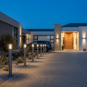 Stainless steel bollards line a modern driveway, illuminating the path to a contemporary house entrance at dusk.