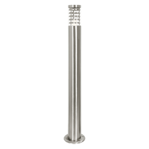 Stainless steel bollard with clear polycarbonate cover, designed for outdoor pathway lighting, featuring a sleek
