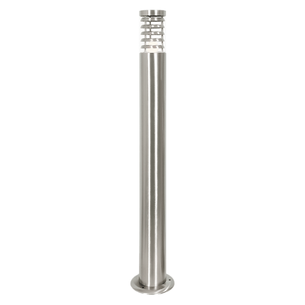 Stainless steel bollard with clear polycarbonate cover, designed for outdoor pathway lighting, featuring a sleek