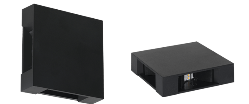 Black square wall light fixture shown from front and side angles on a white background.