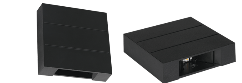 Black outdoor wall light fixture shown from front and side angles on a white background.