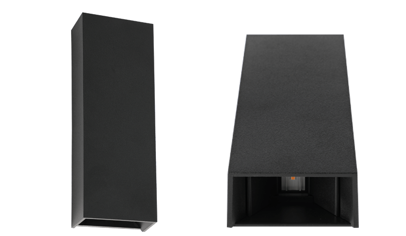 Black outdoor wall light fixture shown from front and below angles with additional views on a white background.