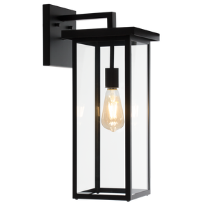 Black wall-mounted lantern with a clear glass cover on a white background