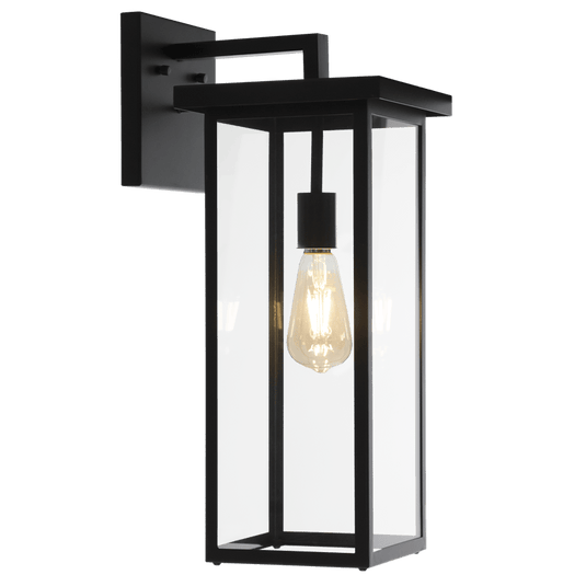 Black wall-mounted lantern with a clear glass cover on a white background
