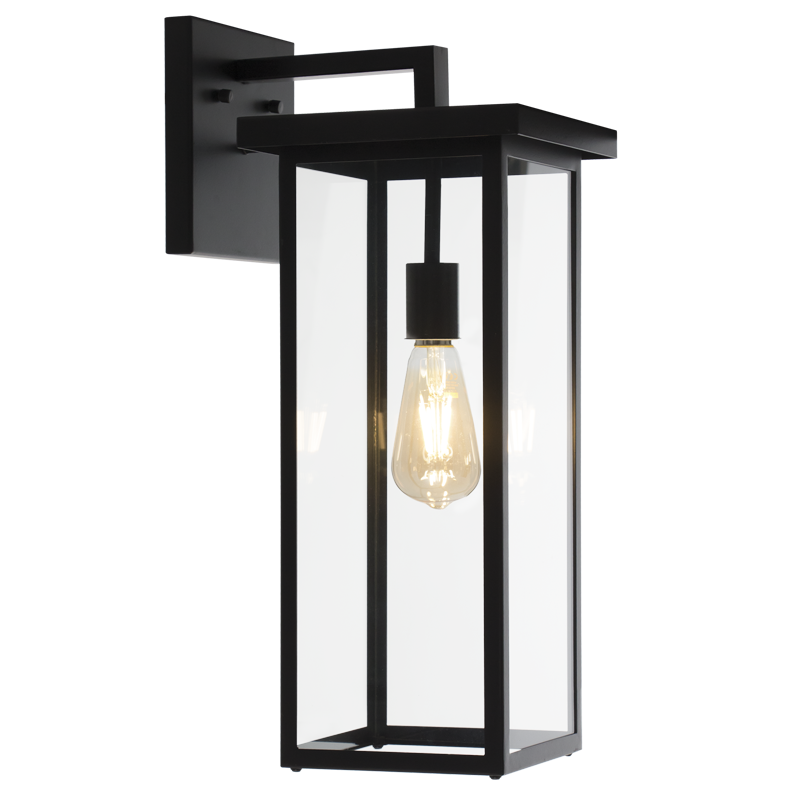 Black wall-mounted lantern with a clear glass cover on a white background