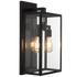 Black outdoor wall light fixture with clear glass panels on a white background