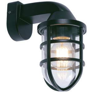 Black outdoor wall light fixture with clear glass cover on a white background
