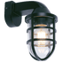 Black outdoor wall light fixture with clear glass cover on a white background