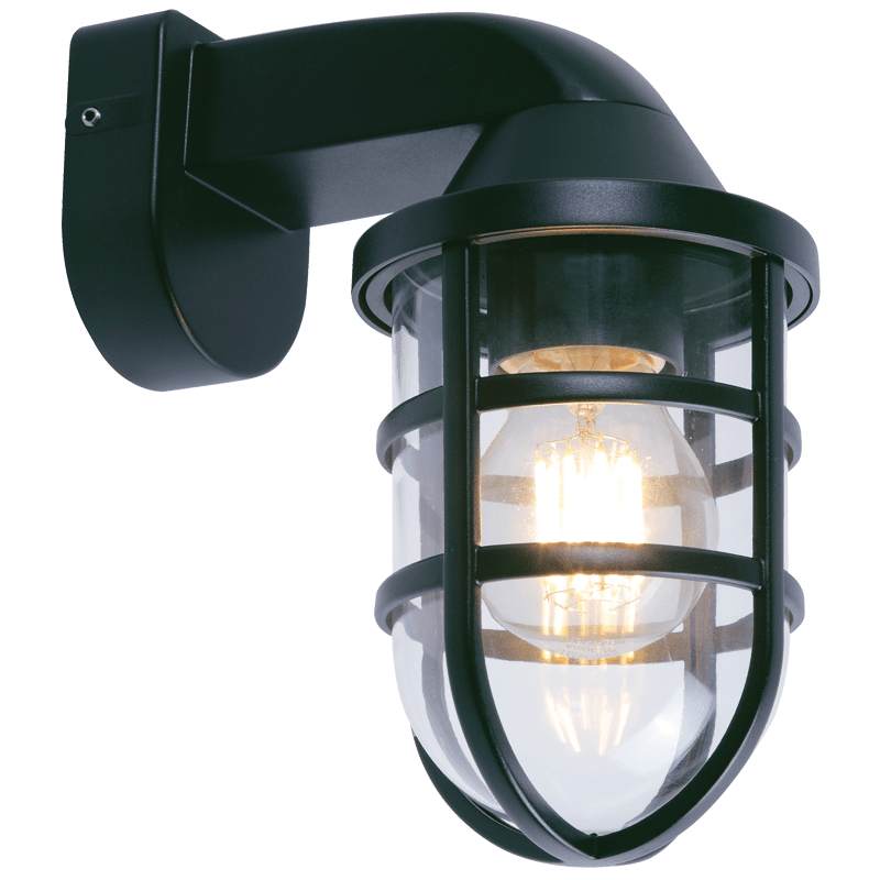 Black outdoor wall light fixture with clear glass cover on a white background