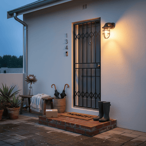 Black LED outdoor wall light illuminating a porch with a doormat and potted plants.