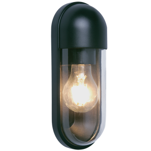 Black outdoor wall light fixture with a visible light bulb on a white background