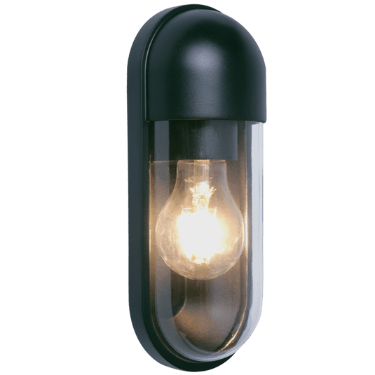 Black outdoor wall light fixture with a visible light bulb on a white background