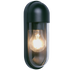 Black outdoor wall light fixture with a visible light bulb on a white background
