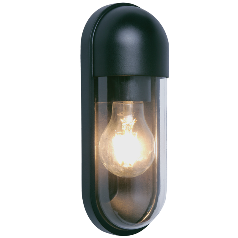Black outdoor wall light fixture with a visible light bulb on a white background
