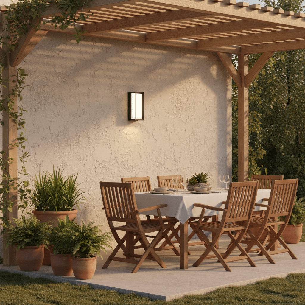 Outdoor setting featuring a black rectangular wall light illuminating a dining area with wooden furniture and potted plants.