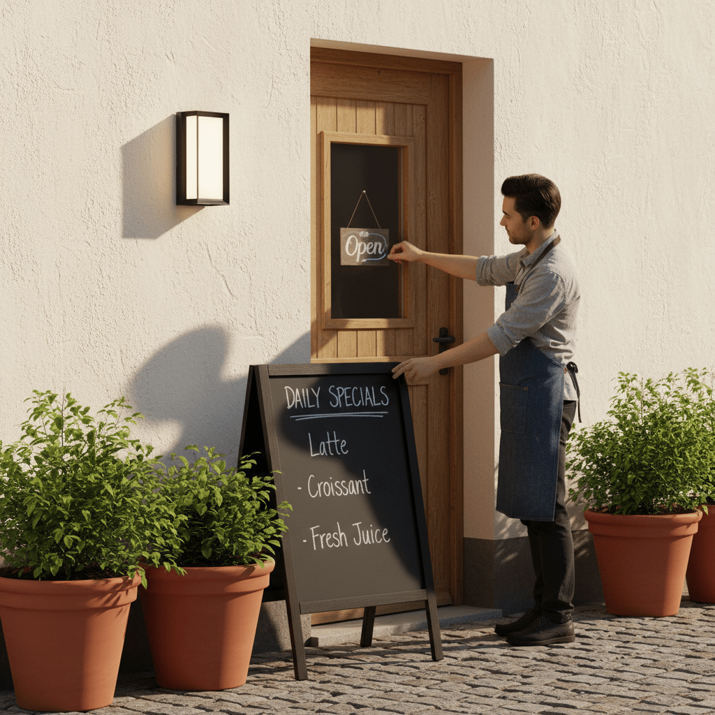A man adjusts an 'Open' sign on a door beside a black outdoor wall light, with a chalkboard menu and potted plants.