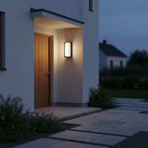 Black outdoor wall light illuminating a wooden door, set against a modern home exterior at dusk.