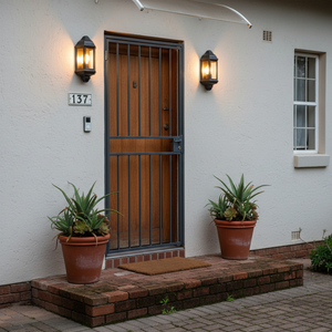 Outdoor wall light mounted beside a front door, illuminating the entrance with clear panels and potted plants.