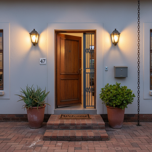 Outdoor wall light illuminating a front entrance with a welcome mat and potted plants.
