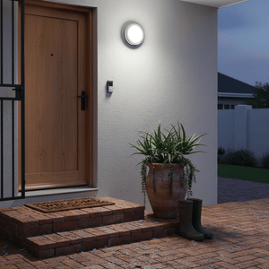 Round LED bulkhead light mounted on an exterior wall beside a front door, illuminating brick steps and a potted plant.