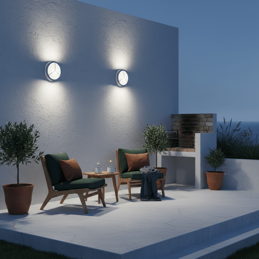Two grey round outdoor wall lights on a patio wall, casting light above and below.