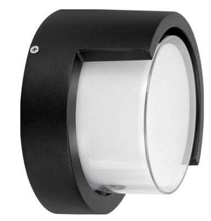 Round outdoor LED wall light with 12W power and IP54 rating in warm white.