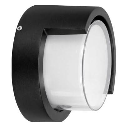 Round outdoor LED wall light with 12W power and IP54 rating in warm white.