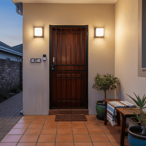 Outdoor LED wall light mounted beside a front door, illuminating the entrance area with a warm glow.