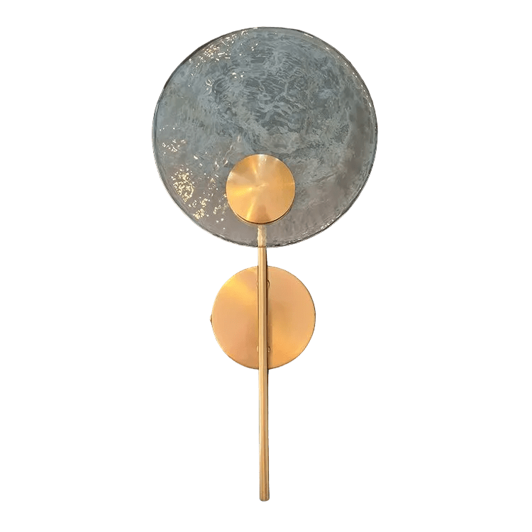 Round gold wall light with textured glass shade and circular gold wall plate