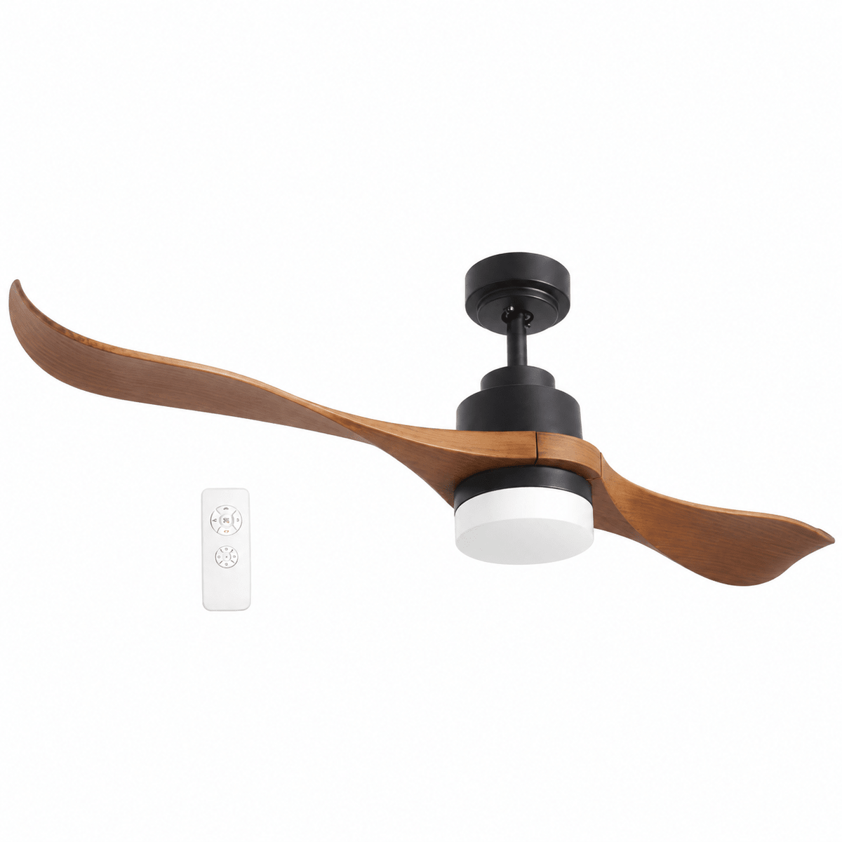 Two-blade LED ceiling fan with remote on a white background