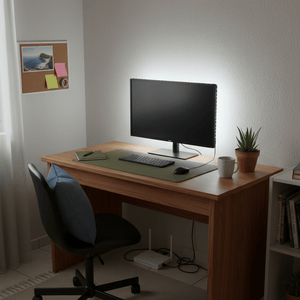 Home office setup with a desk, computer monitor, chair, and decor.