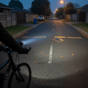 A cyclist using a rechargeable LED bike light on a dimly lit street, illuminating a pothole ahead.