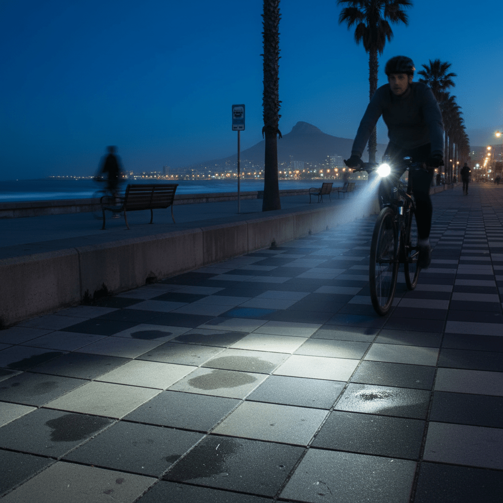 A cyclist rides along a waterfront path at dusk, illuminated by a bright LED bicycle light, highlighting the pavement ahead.