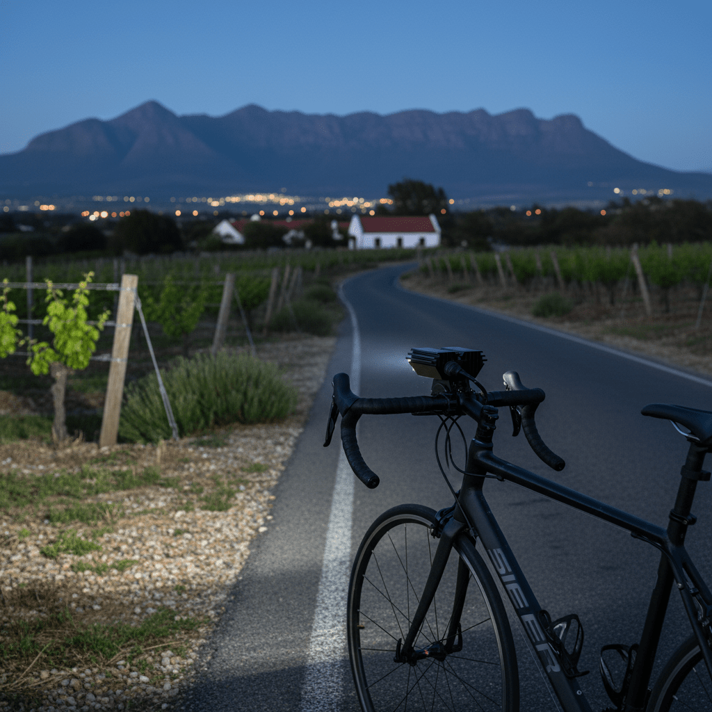 Close-up of a bicycle with an LED light kit mounted on the handlebars, illuminating a winding road at dusk.