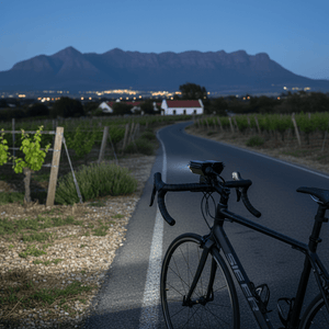 Close-up of a bicycle with an LED light kit mounted on the handlebars, illuminating a winding road at dusk.