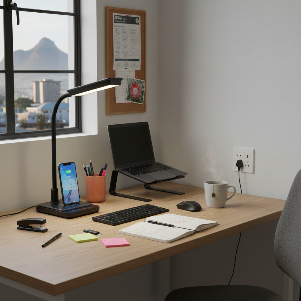 A modern LED desk lamp with a wireless charger on a wooden desk, alongside a laptop, stationery, and a coffee mug.