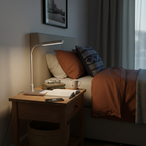 LED desk lamp on a bedside table, illuminating an open book and a cup, with cozy bedding in the background.