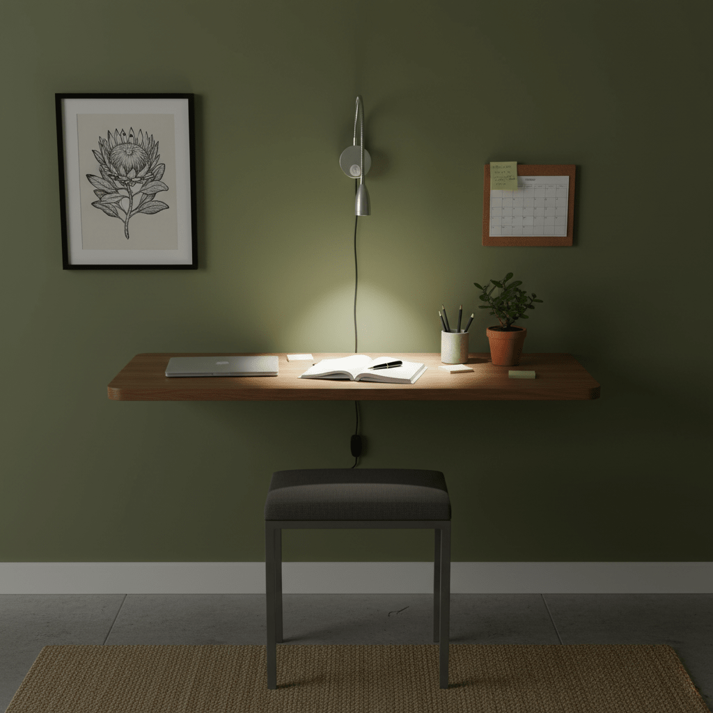 A modern workspace featuring a flexible goose neck LED wall light above a wooden desk with an open book, laptop, and potted