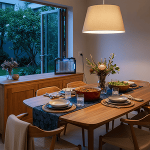 LED insect killer on a kitchen counter beside a dining table, with food and decor visible.