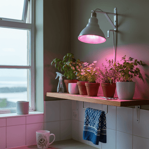 Pink-lit kitchen with plants on a windowsill and wall-mounted lamp.