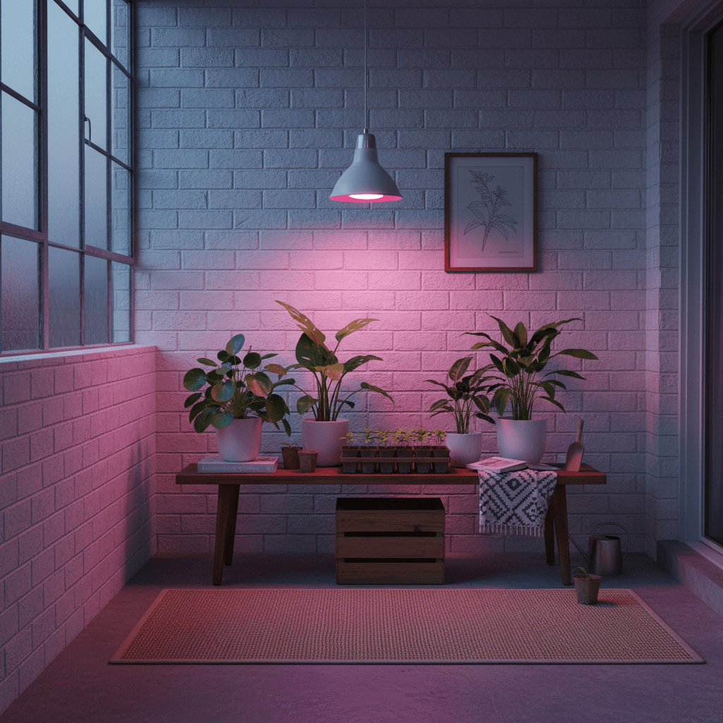 Indoor hydroponic system growing vegetables under LED lights