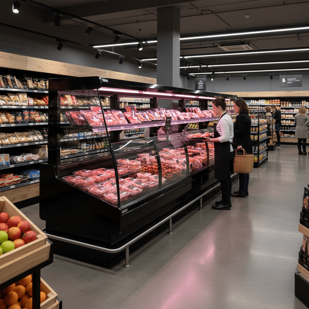 Black refrigerated meat display case with packaged meat, staff in aprons, shopper with basket, fruit crates nearby.