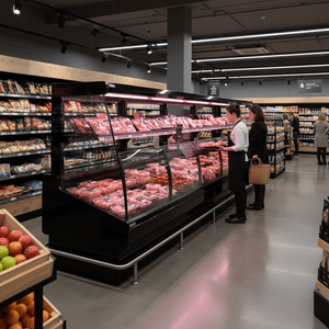 Black refrigerated meat display case with packaged meat, staff in aprons, shopper with basket, fruit crates nearby.