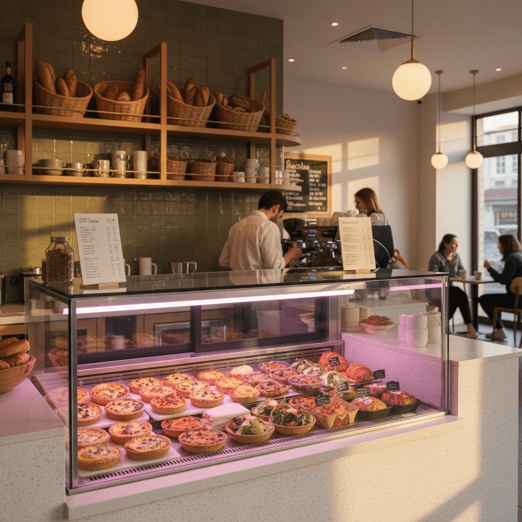 Bakery display case illuminated with pink-toned LED light showing assorted pastries and tarts.