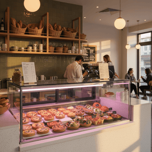 Bakery display case illuminated with pink-toned LED light showing assorted pastries and tarts.