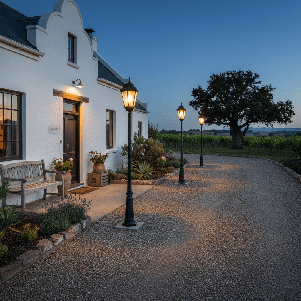 Four decorative post lamps illuminate a gravel pathway leading to a house, enhancing the outdoor ambiance.
