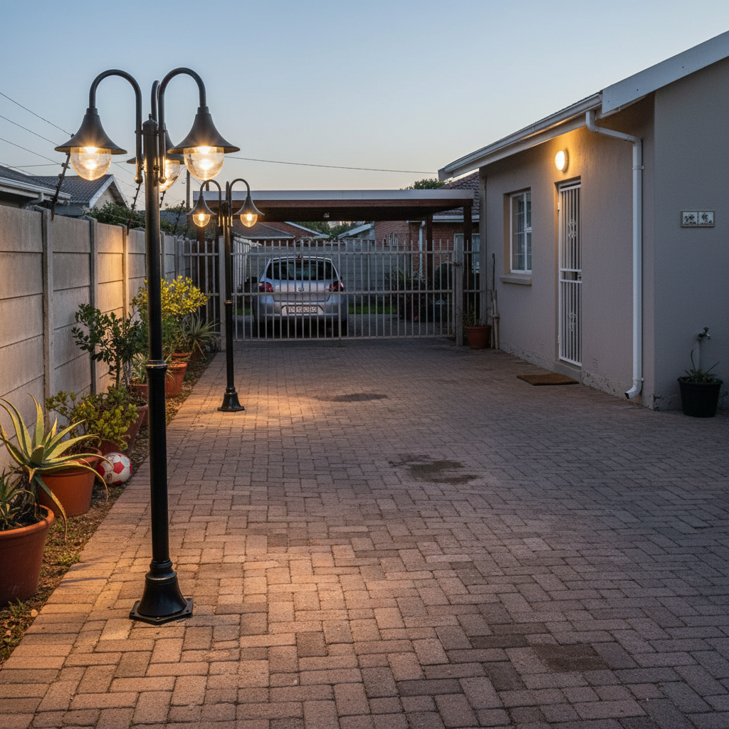 Three light post lamp illuminating a driveway with potted plants and a car in the background.
