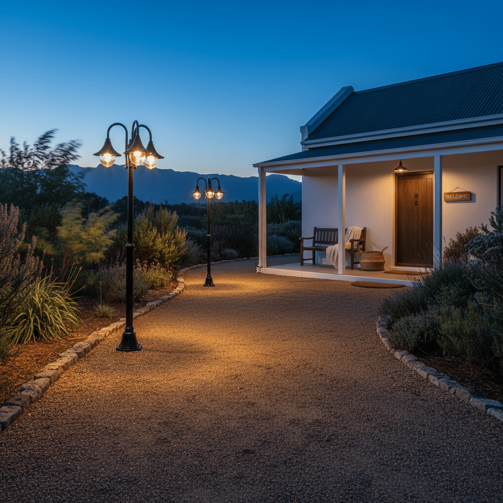Three light post lamp illuminating a gravel pathway leading to a welcoming front porch at dusk.