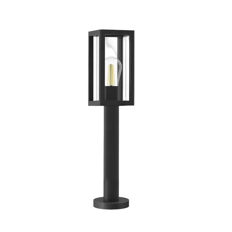 Black rectangular outdoor bollard light with a clear glass enclosure and a gold accent inside, mounted on a round base.